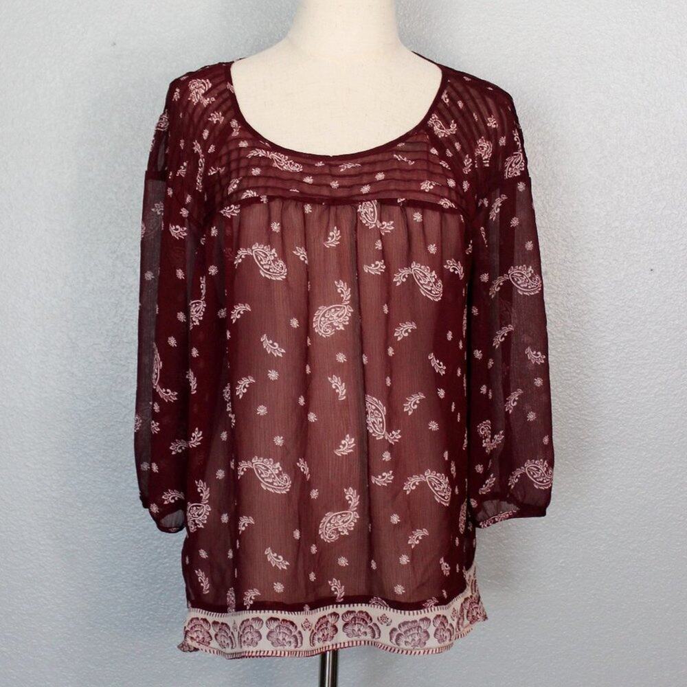 LC LAUREN CONRAD Burgundy Sheer Paisley Blouse Size L